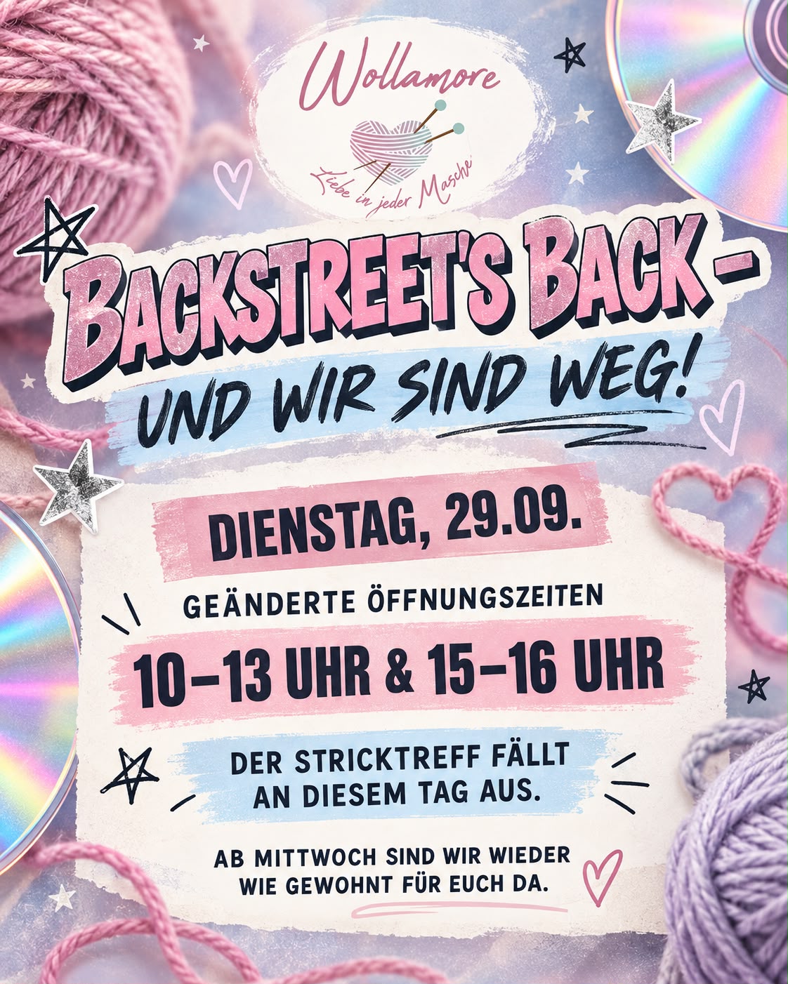Wollamore Ankündigung: geänderte Öffnungszeiten Dienstag 29.09.